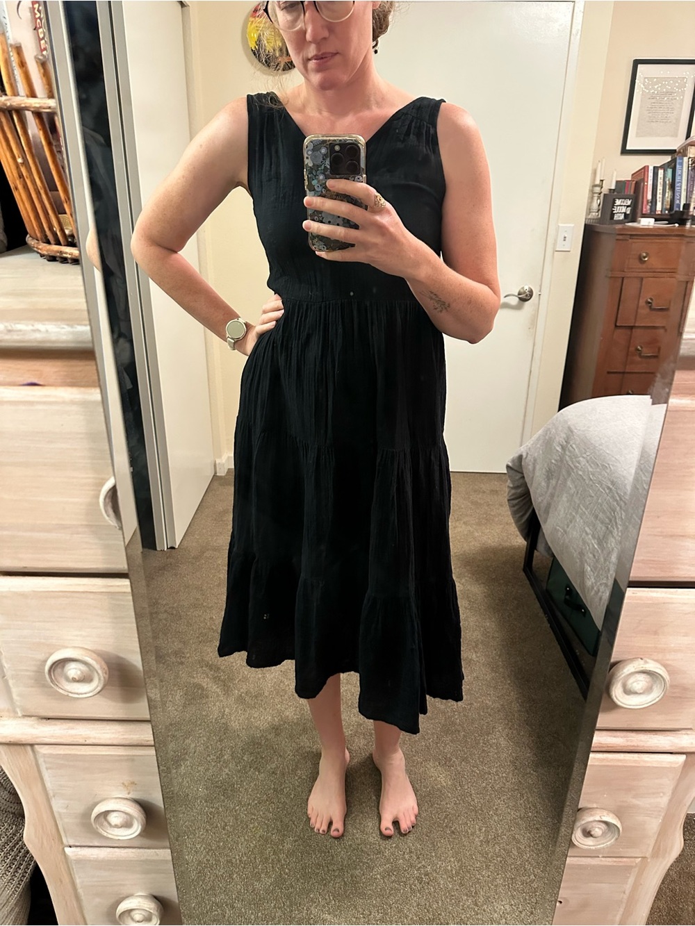 Sonoma Black Cotton Gauze Tiered Tank Midi Dress Size Small